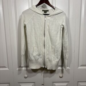 Eddie Bauer Hoodie Sweater Women M Ivory Knit Zip Up Jacket Textured Boho Fall